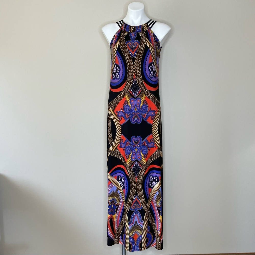 Emma & Michele Bold Black and Purple Patterned Sleeveless Boho Maxi Dress